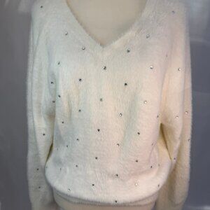 EXPRESS Ivory Faux Fur Sweater with Rhinestones – Size Small (Reversible)